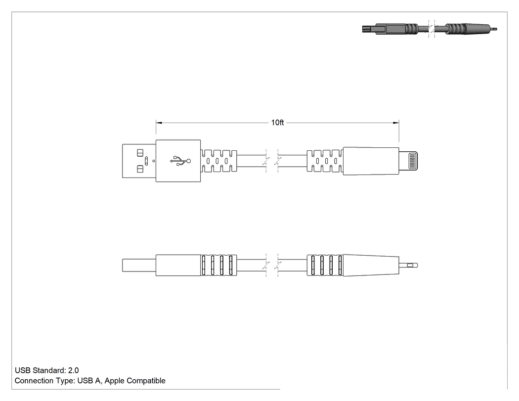 Teknik Çizim - Uzun Ömürlü USB Kablosu, Çift Kalkan, USB-A x Apple Lightning Fiş, 10', Siyah