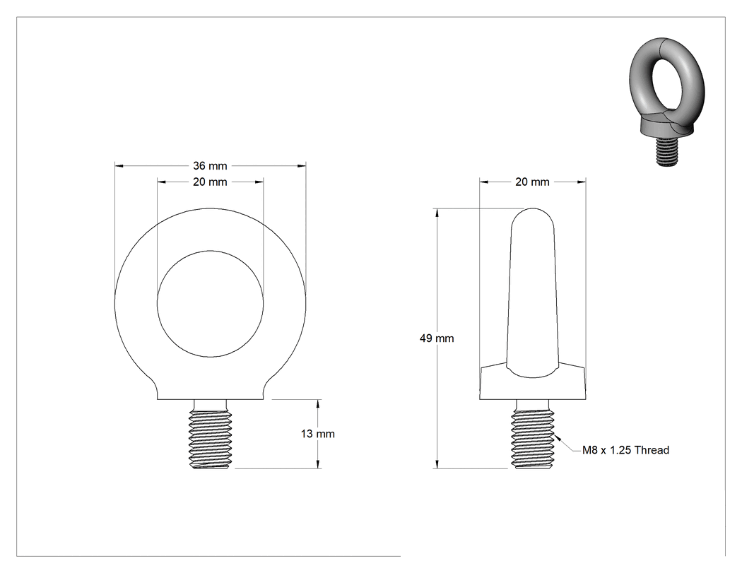 Teknik Çizim - 304 Paslanmaz Çelik Halka Cıvata - Kaldırma için, M8 x 1.25 Diş Boyutu, 13 mm Diş Uzunluğu