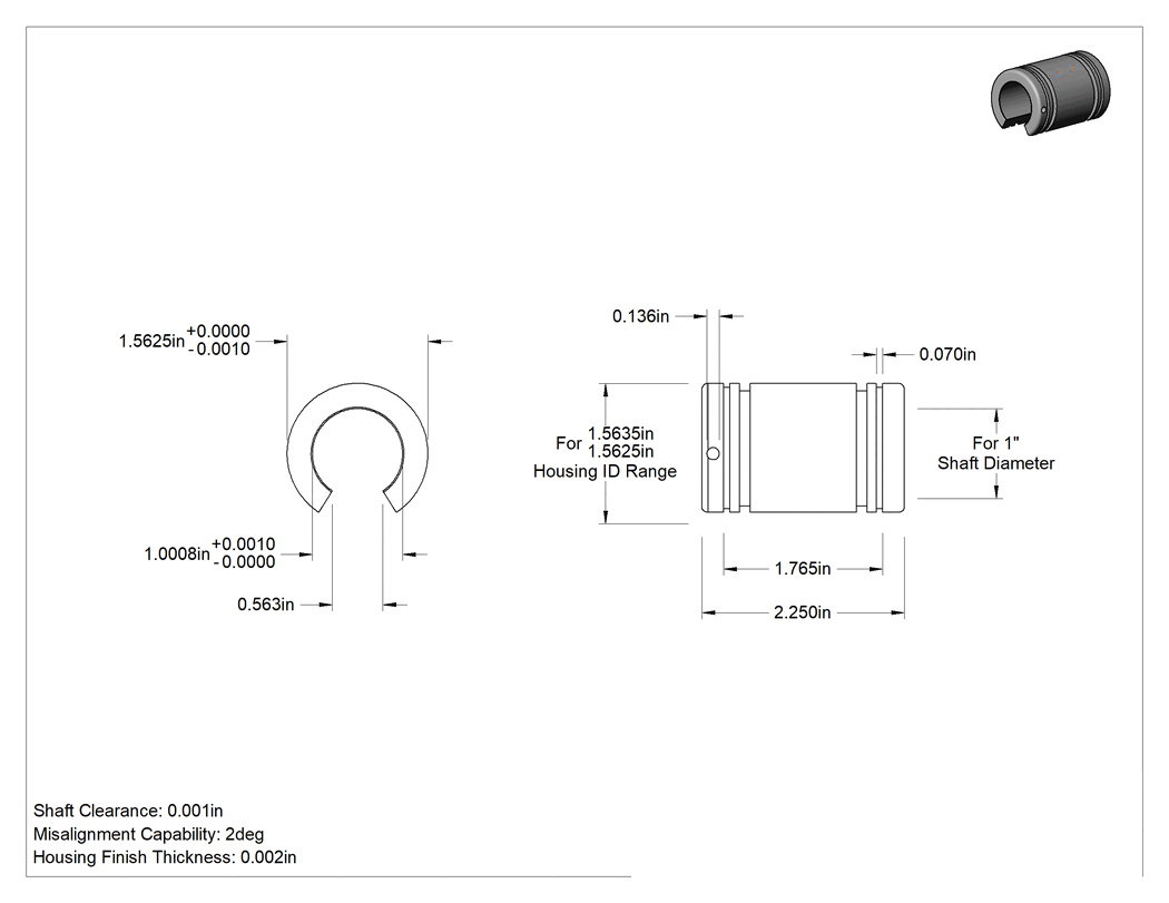 Teknik Çizim - Kendinden Hizalamalı Manşonlu Lineer Rulman, 1" Çaplı Destek Rayı Şaftları için
