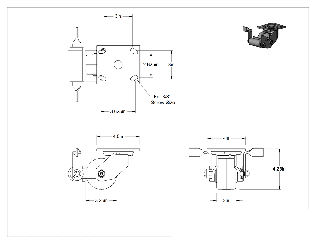 Teknik Çizim - 4-1/2" x 4" Plakalı Yüksek Kapasiteli Spartan Tekerlek, Frenli Döner Tekerlek, 3-1/4" Çap Açık Rulmanlı Fenolik Tekerlek