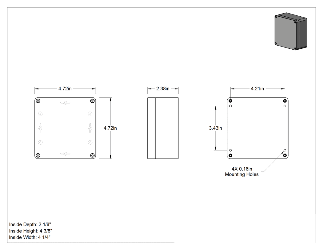 Teknik Çizim - Polikarbonat Su Geçirmez Muhafaza, Çıkarılabilir Kapak, 4.75 inç Kare, 2-3/8" Derinlik, IP66 ve 68, NEMA 4x ve 6P
