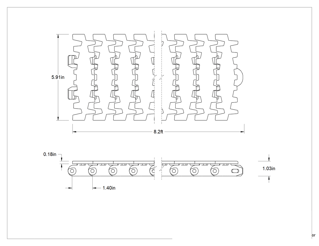 Teknik Çizim - Modüler Mini Zincirli Konveyör için Pürüzsüz Yüzeyli 6 inç Genişlik x 7-1/2 fit Uzunlukta Kayış