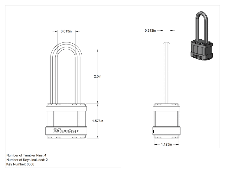 Teknik Çizim - Lamine Çelik Gövdeli Hava Koşullarına Dayanıklı Asma Kilit, Master Lock M1Kaljsts, Anahtar Numarası, 0356 ile Aynı Anahtarlı