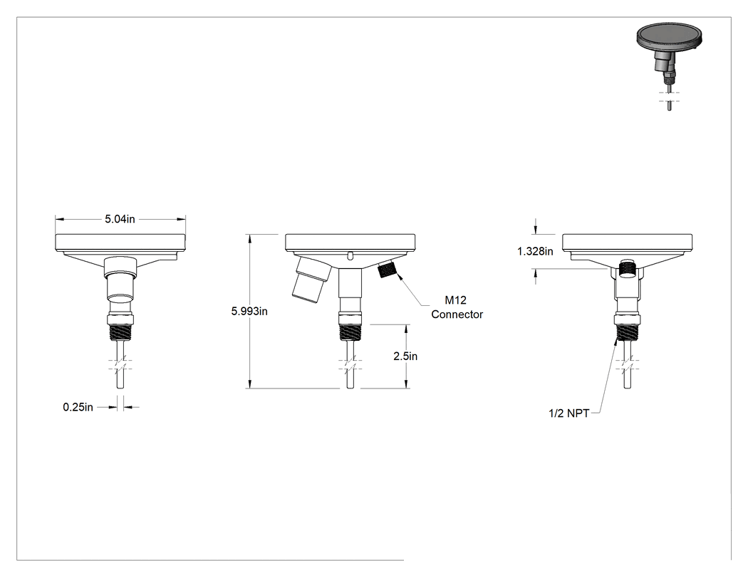 Teknik Çizim - Yüksek Hassasiyetli NPT Dişli Termometre, Kalibrasyon Sertifikalı, Arka Bağlantı, 2-1/2" Uzunluğunda Sap