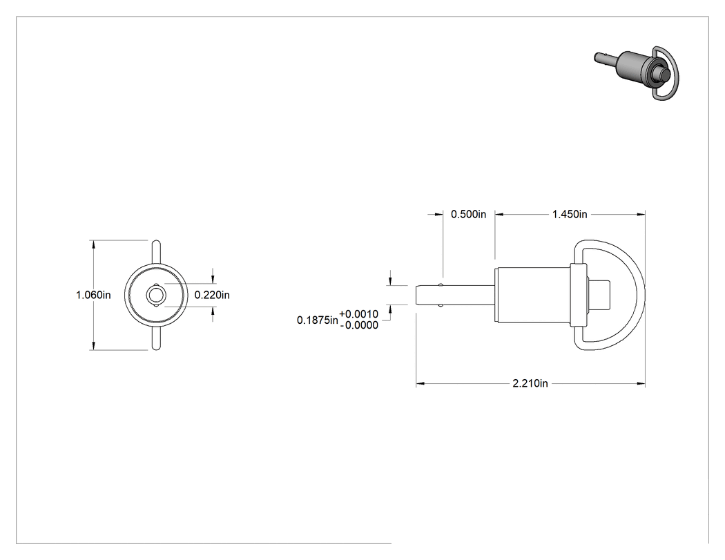 Teknik Çizim - D-Halkalı Düğme Tutamaklı Kilitli Hızlı Açma Pimi, Topuz Tutamak, 17-4 PH Paslanmaz Çelik, 3/16" Çap, 1/2" Kullanılabilir Uzunluk