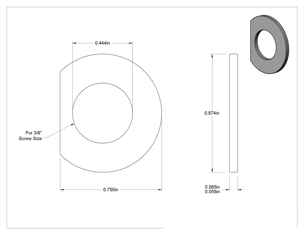 Teknik Çizim - Klipsli Pul, 3/8" Vida Boyutu için, 0.444" İç Çap, 0.874" Dış Çap
