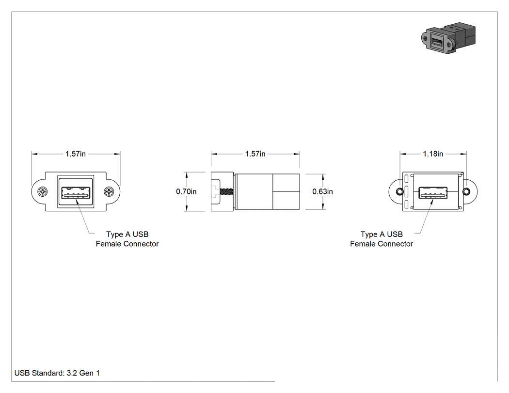 Teknik Çizim - Keystone Duvar Plakaları için USB Adaptörü, USB A Dişi x USB A Dişi, Standart 3.2 Gen 1