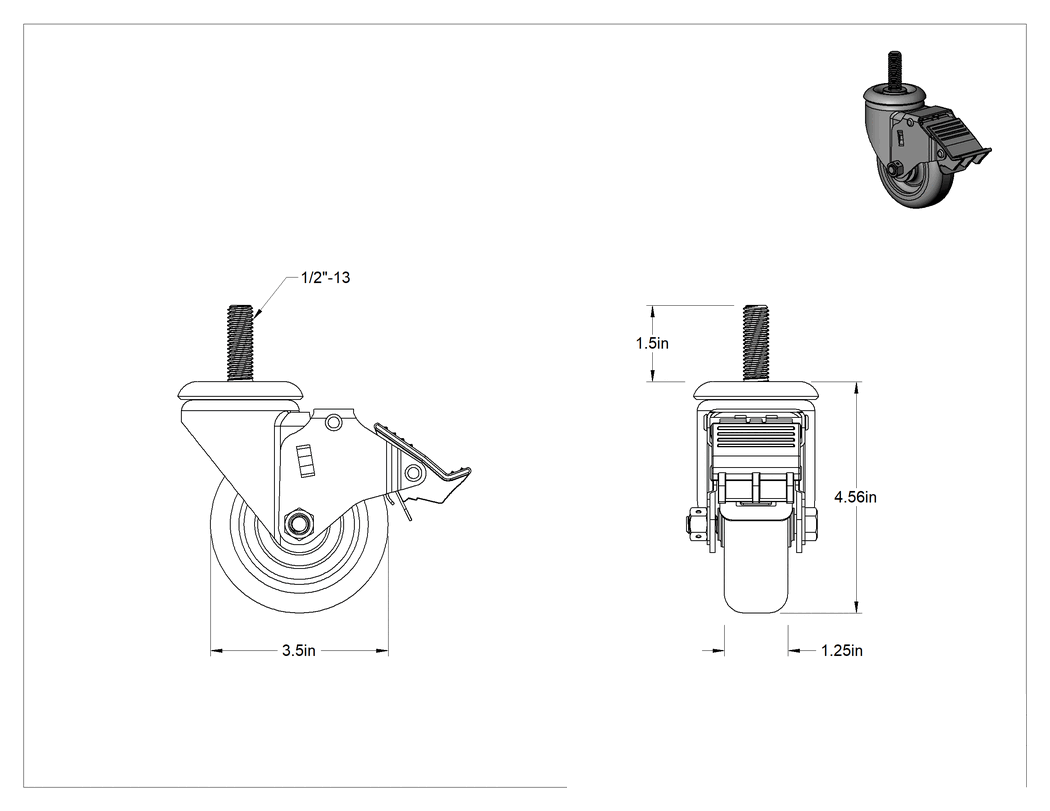 Teknik Çizim - Dişli Saplı Döner Tekerlek, Total Lock, 1/2"-13 Diş, 3-1/2" Çaplı Poliüretan Tekerlek