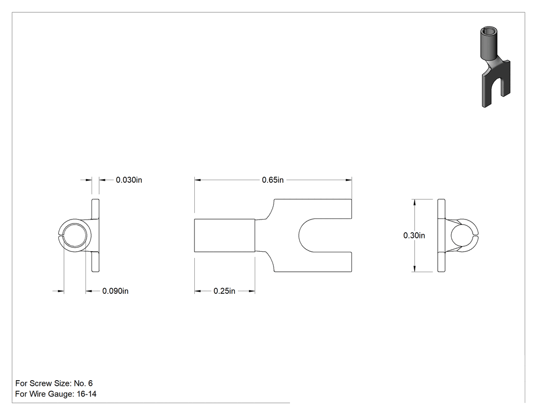 Teknik Çizim - Yalıtımsız Nikel Kaplı Çelik Çatal Terminaller, Bükülmeye Dayanıklı, Blok, 16-14 AWG ve 6 Numaralı Vida Boyutu için