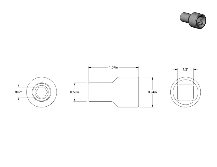 Teknik Çizim - 6 Uçlu Paslanmaz Çelik Soket, 1/2" Kare Tahrik, 8 mm Tahrik Boyutu