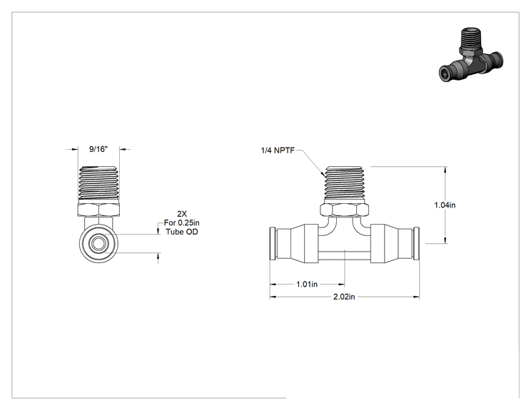 Teknik Çizim - Düşük Sıcaklık D.O.T. Bas-Bağla Boru Bağlantı Elemanı, Hava için, Hat Üstü T, 1/4" Boru Dış Çapı x 1/4 NPTF Erkek için