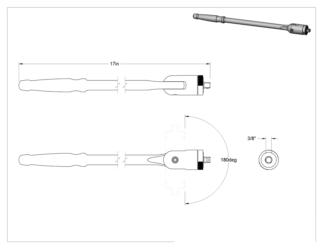 Teknik Çizim - Esnek Başlıklı Anahtar Sapı, Cırcırlı, 3/8" Kare Tahrik, 17" Toplam Uzunluk