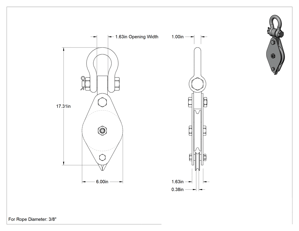 Teknik Çizim - Kaldırma için Tel Halatlı Asma Kasnağı, Tek Oluklu, Sert Şakel, 3/8" Çaplı Halat için