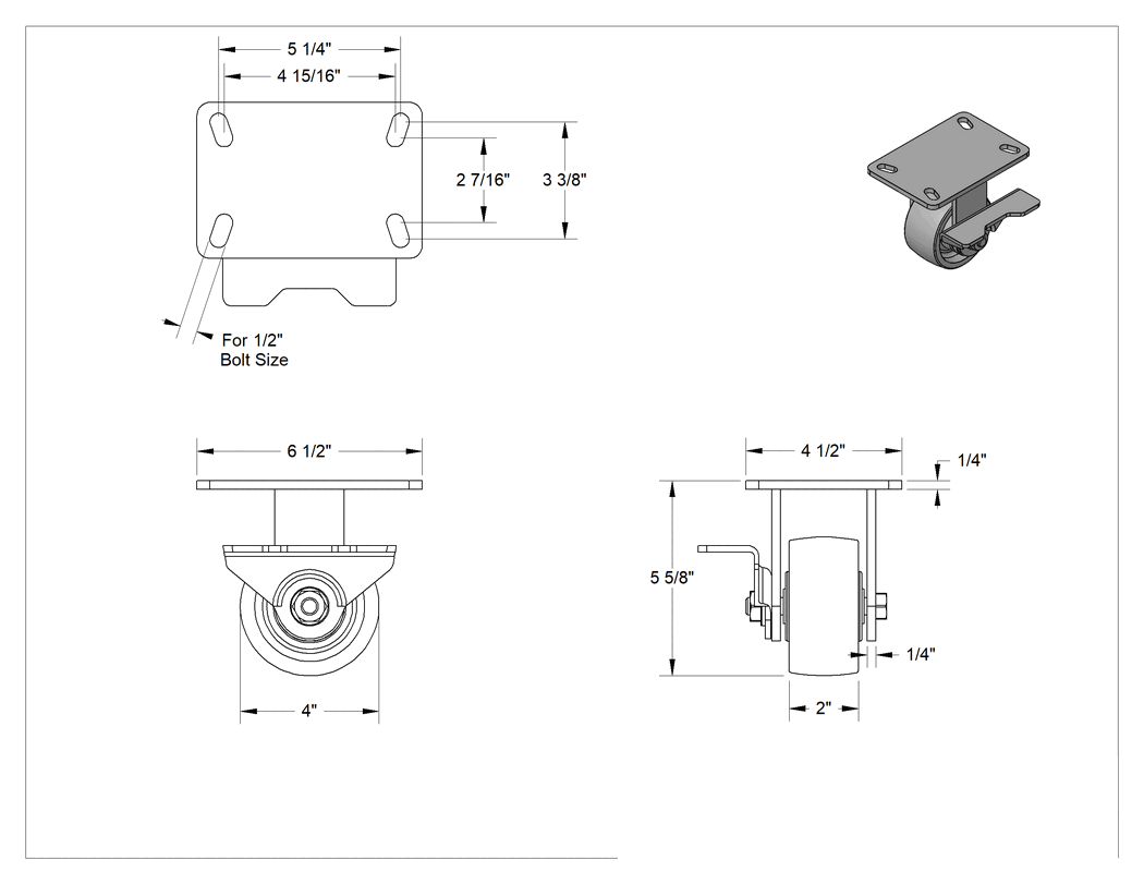 Teknik Çizim - 6-1/2" x 4-1/2" Plakalı Yüksek Kapasiteli Kingston Tekerlek, Sağ Taraf Frenli ve 4 inç Çapında Metal Tekerlekli Sabit