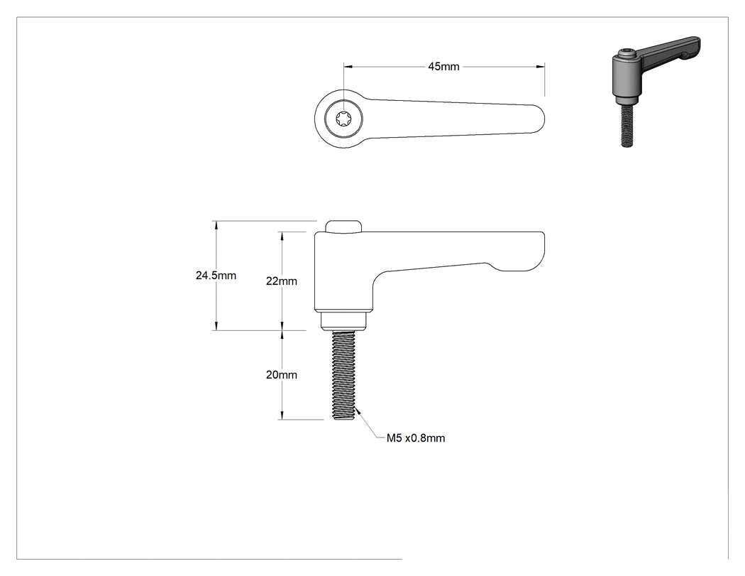 Teknik Çizim - Düşük Profilli Ayarlanabilir Tutamak, M5 x 0.8 mm Dişli 20 mm Uzunlukta Saplama ile, Siyah Çinko
