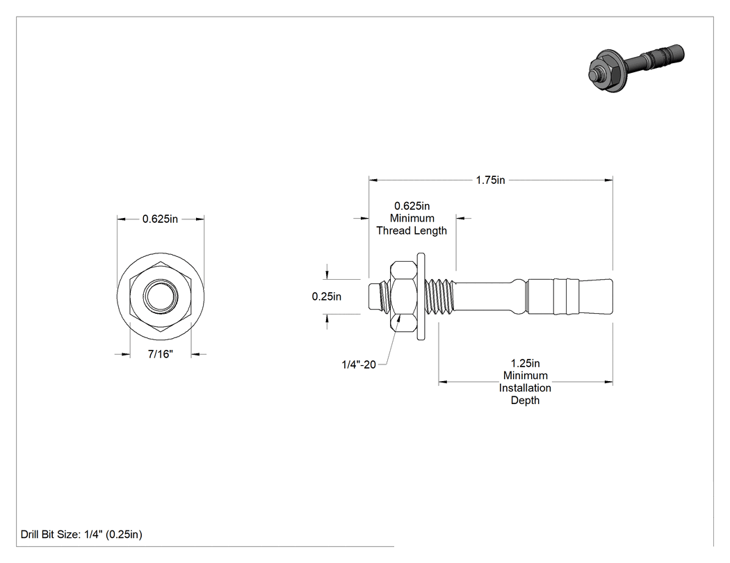 Teknik Çizim - 18-8 Beton için Paslanmaz Çelik Kamalı Dübel, 1/4" Çap, 1-3/4" Uzunluk