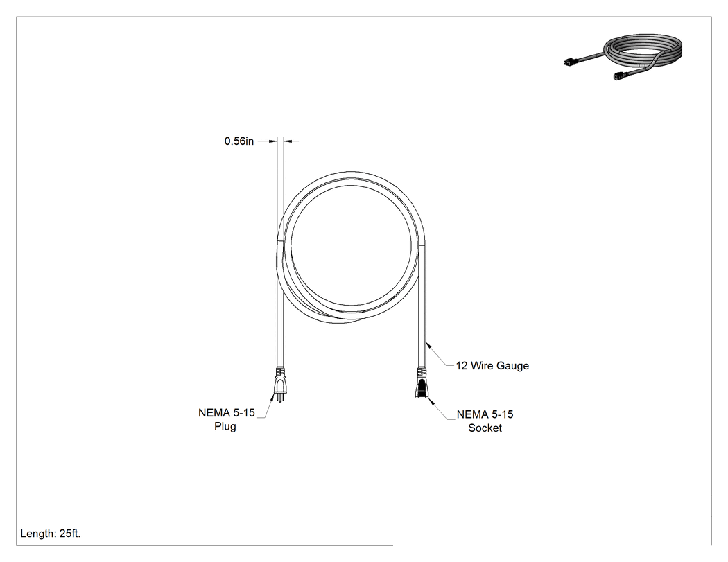 Teknik Çizim - Aşınmaya Dayanıklı Uzatma Kablosu, Düz NEMA 5-15 Fiş x Soket, 25 Fit Uzunluk, 12 AWG