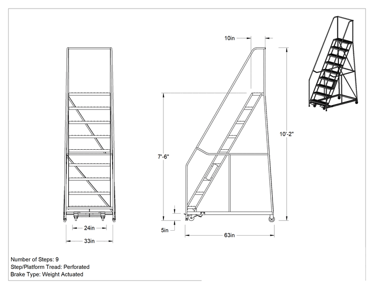 Teknik Çizim - Yuvarlanan Platform Merdiveni, 9 Delikli Basamaklı, 10'2" Yükseklik x 33" Genişlik x 63" Derinlik Toplam