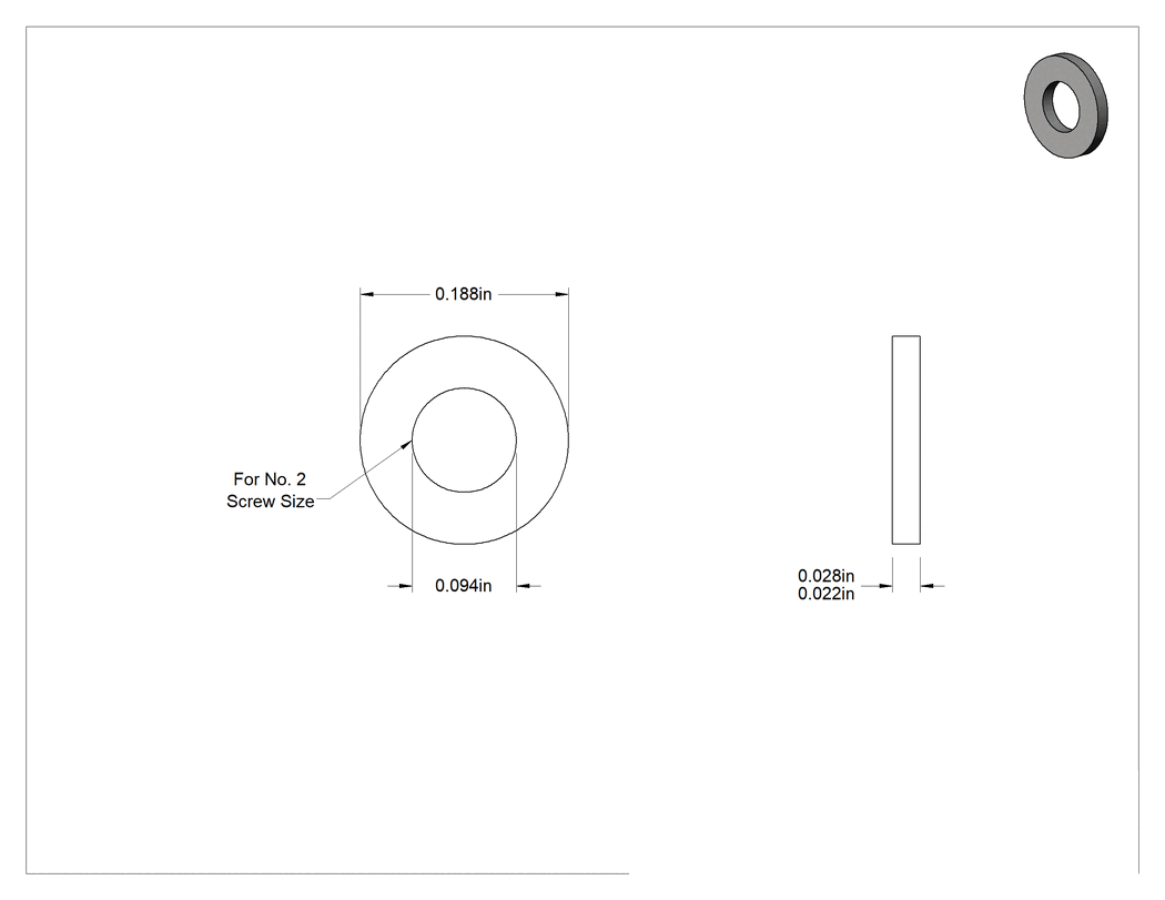 Teknik Çizim - PTFE Plastik Pul, 2 Numaralı Vida Boyutu için, 0.094" İç Çap, 0.188" Dış Çap