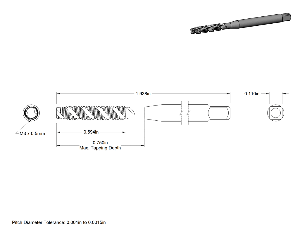 Teknik Çizim - Çelik ve Paslanmaz Çelik için Kılavuz, Kapalı Uçlu Delik Dişi, M3 x 0.5 mm Dişli