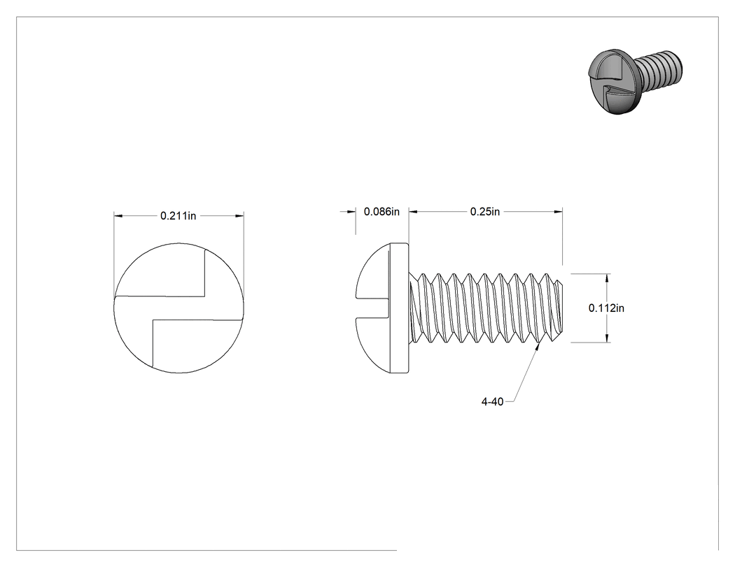 Teknik Çizim - Çelik Kurcalamaya Dayanıklı Tek Yönlü Yuvarlak Başlı Vidalar, 4-40 Diş, 1/4" Uzunluk