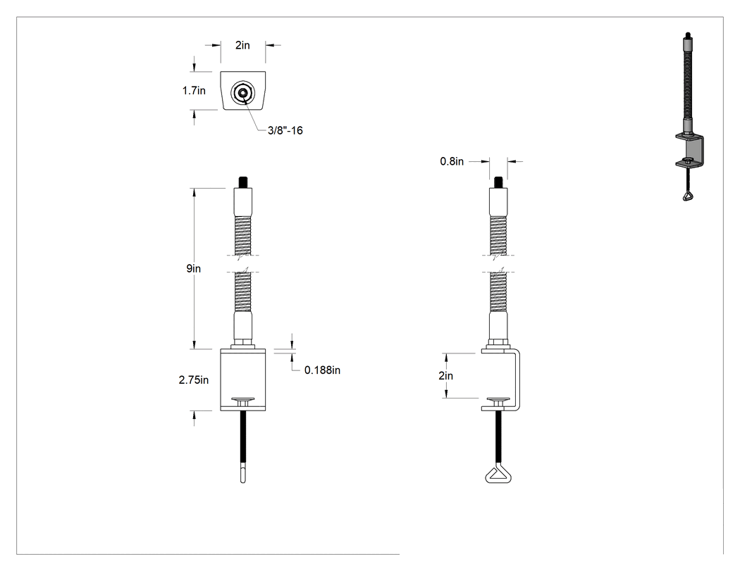 Teknik Çizim - Her Yönde Konumlandırma Kolu, Kelepçeli Taban, 3/16"-18 Dişli Delik/Saplama, 9" Çıkıntı