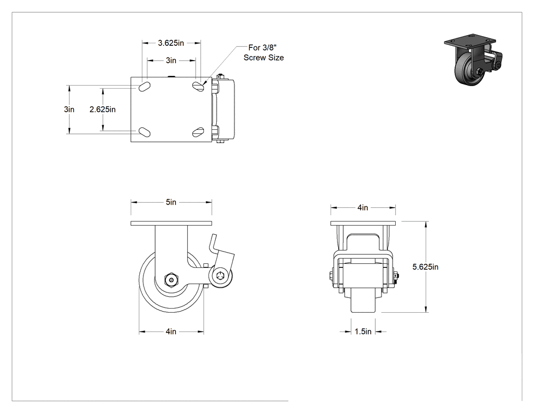 Teknik Çizim - 5" x 4" Montaj Plakalı Yüksek Kapasiteli Spartan Tekerlek, Frenli ve 4 inç Çapında Çelik Tekerlekli Sert