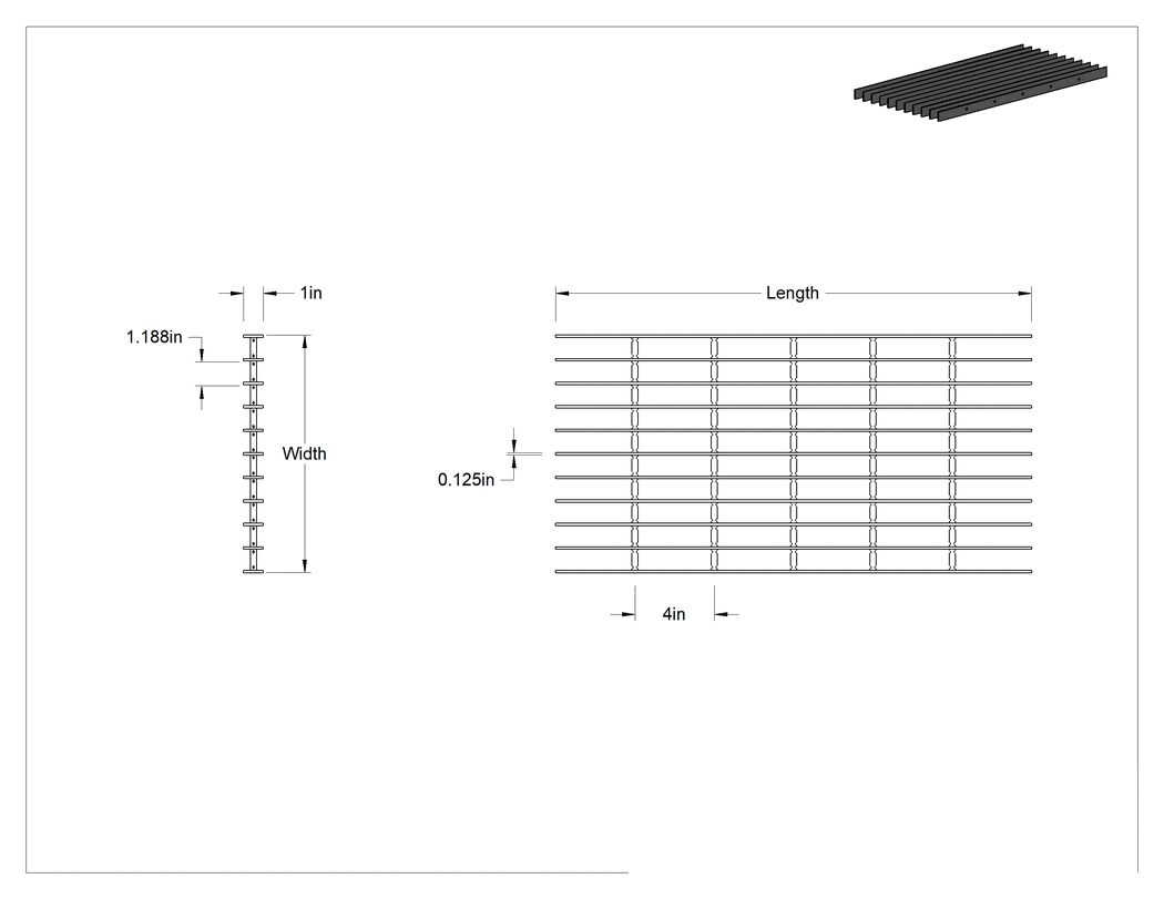Teknik Çizim - Alüminyum Çubuk Izgara, Pürüzsüz, 1" Yükseklik x 1/8" Taşıyıcı Lama Genişliği