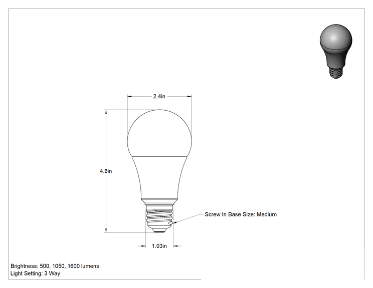 Teknik Çizim - Vidalı Ampul, Orta Taban, 30/70/100 Watt Eşdeğer Akkor, 2700K