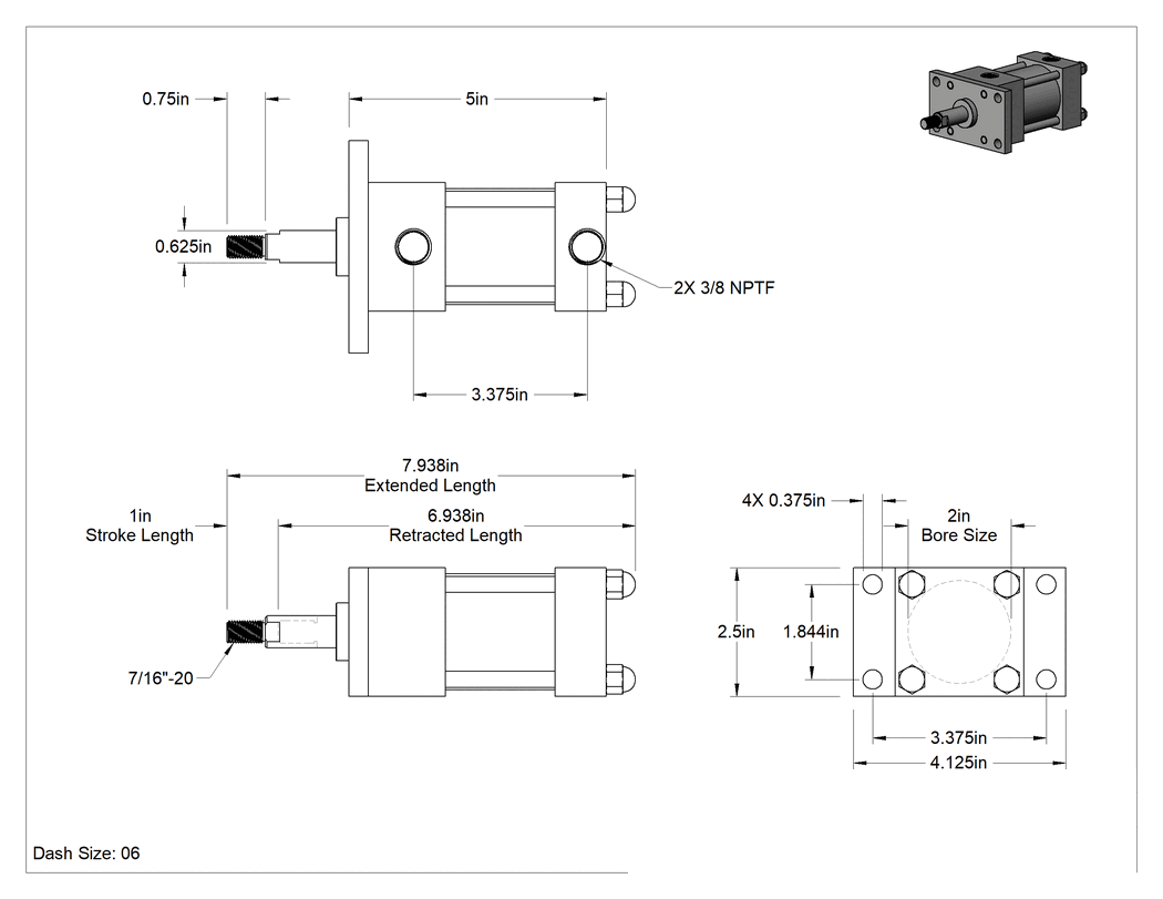 Teknik Çizim - Paslanma ve Aşınmaya Dayanıklı Hidrolik Silindir, 2" Delik Çapı, 1" Strok Uzunluğu