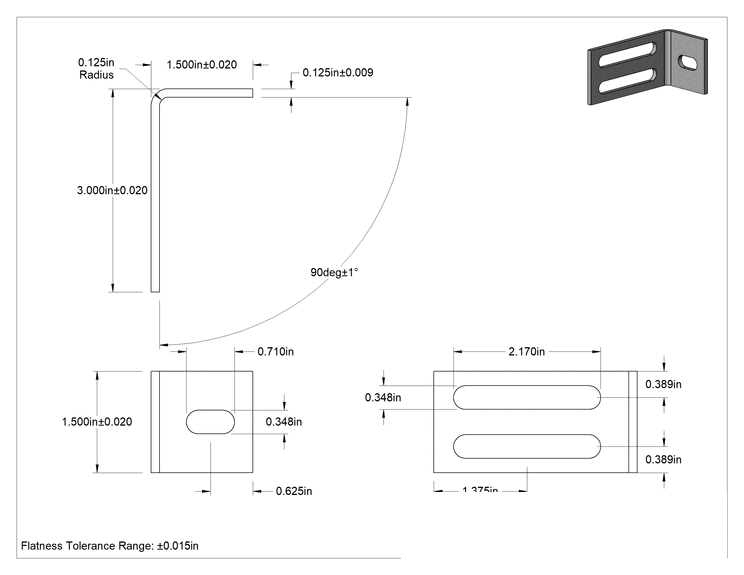 Teknik Çizim - Köşe Makine Braketi, 3 adet montaj yuvalı, 6061 Alüminyum, 1-1/2" X3" x 1-1/2"
