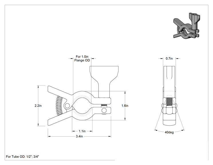 Teknik Çizim - Kanat Somunu ve Yaylı Kapatma Mekanizmalı 304 Paslanmaz Çelik Kelepçe, 1/2" ve 3/4" Boru Dış Çapı için Hijyenik Boru Bağlantı Parçaları