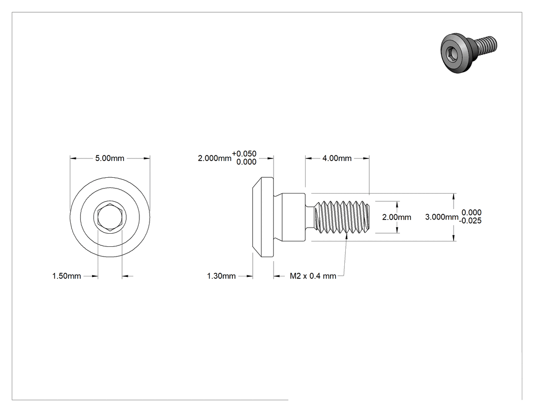 Teknik Çizim - 18-8 Paslanmaz Çelik Düşük Profilli Hassas Omuzlu Vida, 3 mm Omuz Çapı, 2 mm Omuz Uzunluğu, M2 x 0.4 mm Diş Boyutu