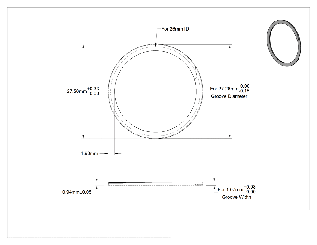 Teknik Çizim - Spiral iç tutma halkası, 18-8 Paslanmaz Çelik, 26 mm iç çap için