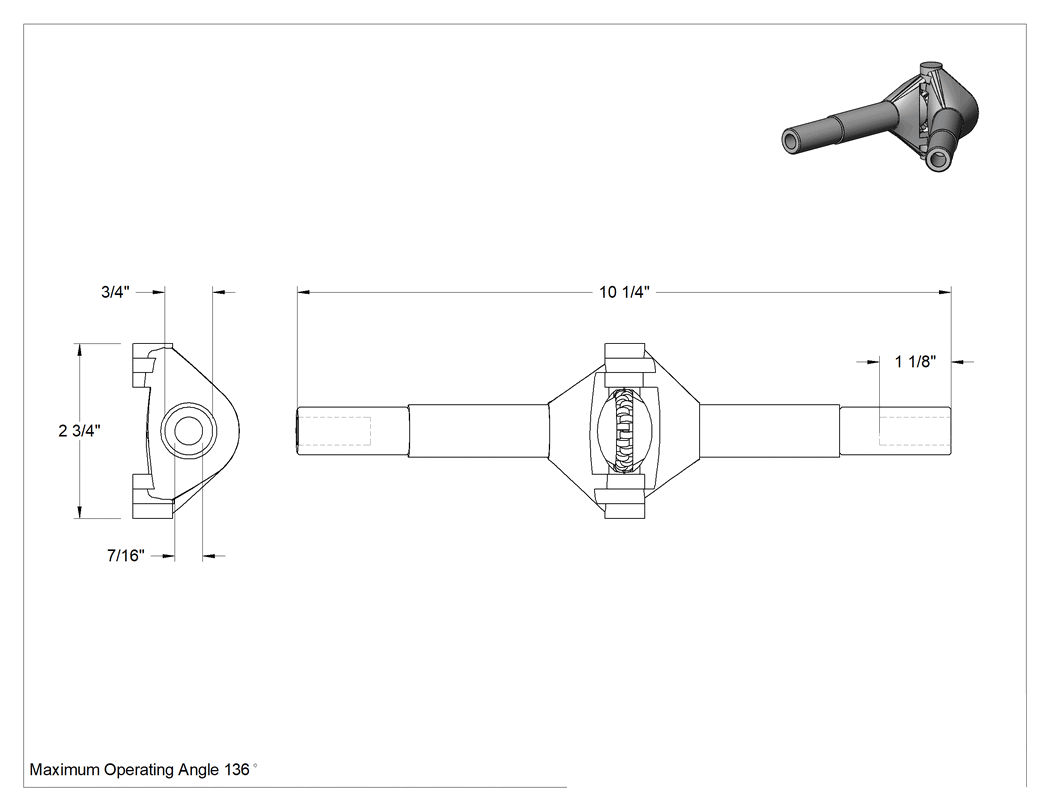 Teknik Çizim - Aşırı Açılı Dişli Tek U-Mafsal, 7/16" Çap x 1-1/8" Derinlikte Mil için