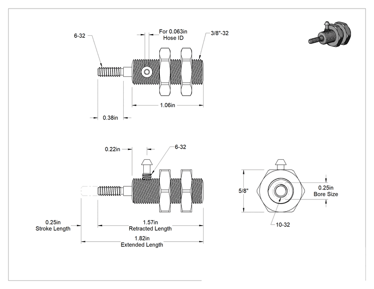 Teknik Çizim - Minyatür Dişli Gövdeli Hava Silindiri, Çift Etkili, 1/4" Delik Çapı, 3/8" Dış Çap, 1/4" Strok Uzunluğu