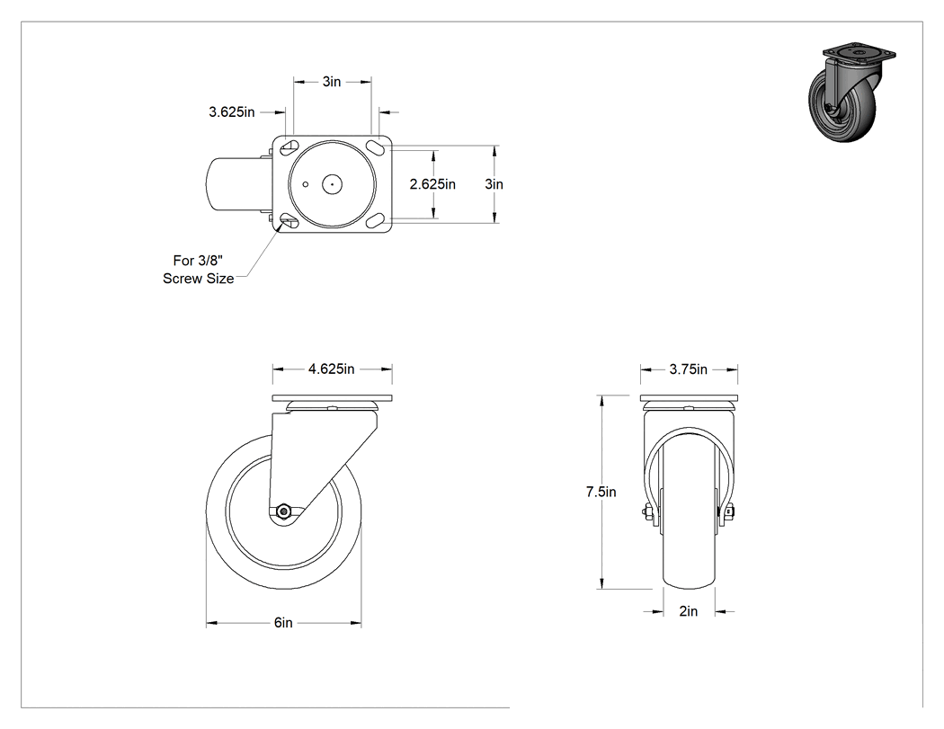 Teknik Çizim - 4-5/8" x 3-3/4" Plakalı Kolay Dönen Tekerlek, Yüksek Kapasiteli, 6 inç Çapında Kırmızı Poliüretan Tekerlekli Döner Ayak