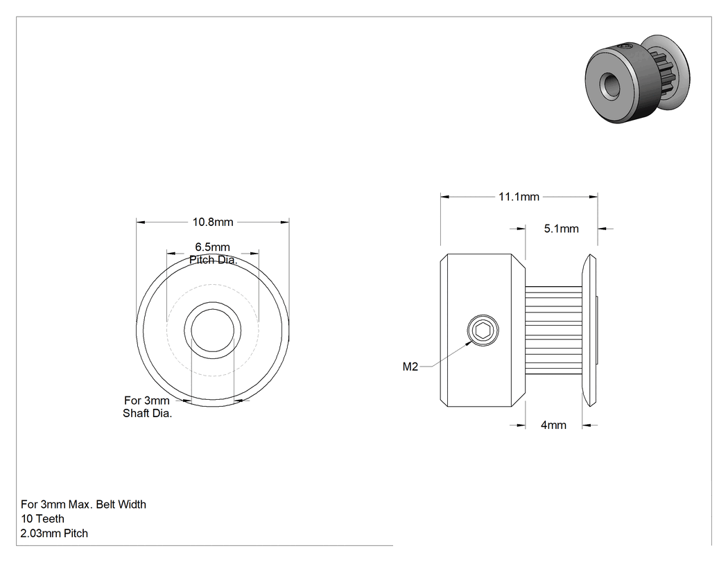 Teknik Çizim - MXL Serisi Triger Kayışı Kasnağı, 3 mm Maksimum Kayış Genişliği için, 10.8 mm Dış Çap, 1 Flanş