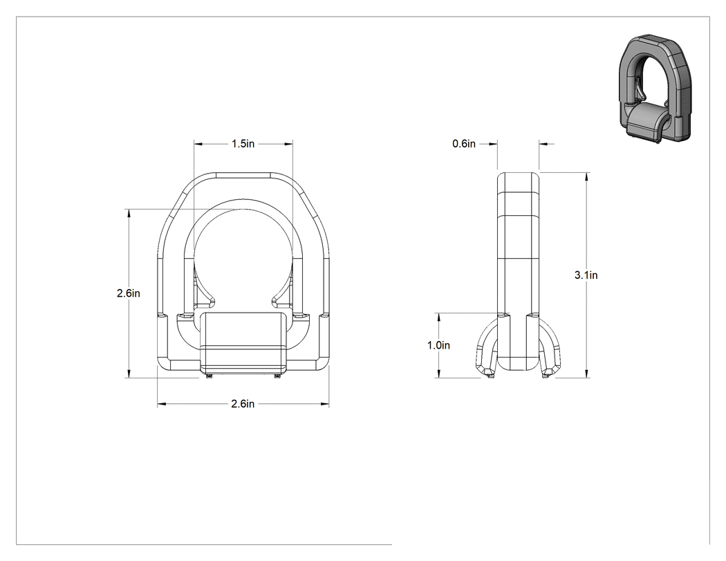 Teknik Çizim - Kaldırma için Kaynaklı Kaldırma Halkası, 180 Derece Pivot, 1-1/2" İç Genişlik