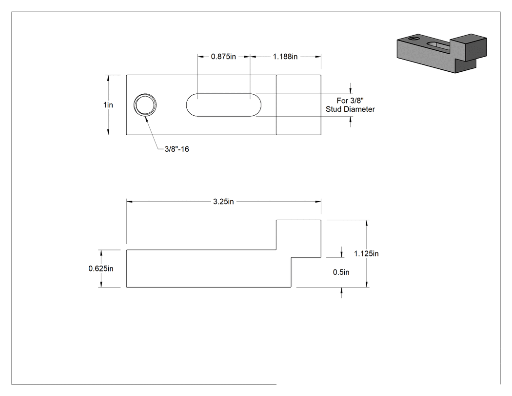 Teknik Çizim - Dişli Delikli Ayar Kelepçesi, Düşük Profilli, 3/8" Çaplı Saplama için, 3-1/4" Uzunluk