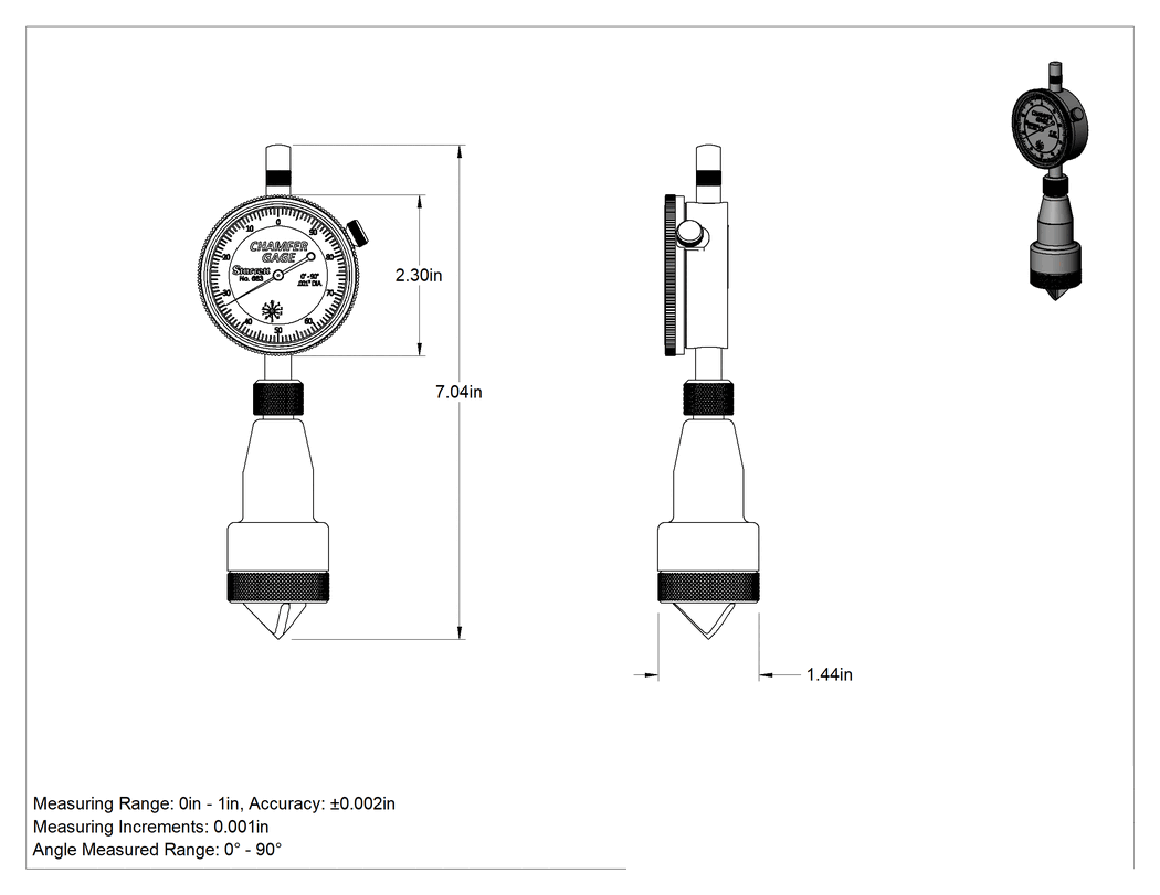 Teknik Çizim - Starrett Ölçer, Model Numarası, 683-3Z Pah Ölçer, 0" ila 1" Ölçüm Aralığı
