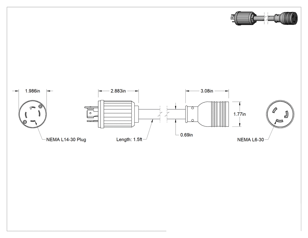 Teknik Çizim - NEMA L14-30 Fiş x NEMA L6-30 Priz Adaptörü