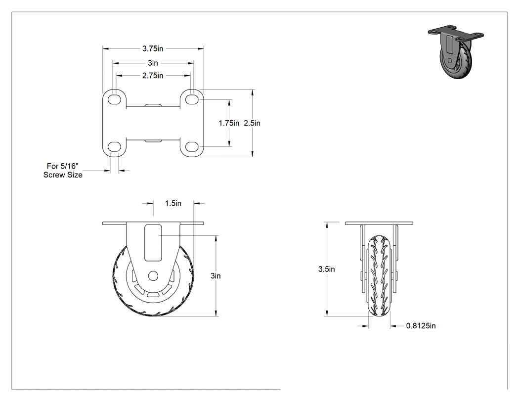 Teknik Çizim - 3-3/4 inç x 2-1/2 inç Montaj Plakalı Tekerlek