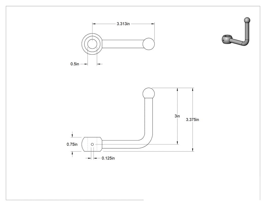 Teknik Çizim - 302 Paslanmaz Çelik Dişsiz Delik İçinden Montajlı Krank Kolu, Düz Kollu Sabit Tutucu, 3-5/16" Tutamak Uzunluğu