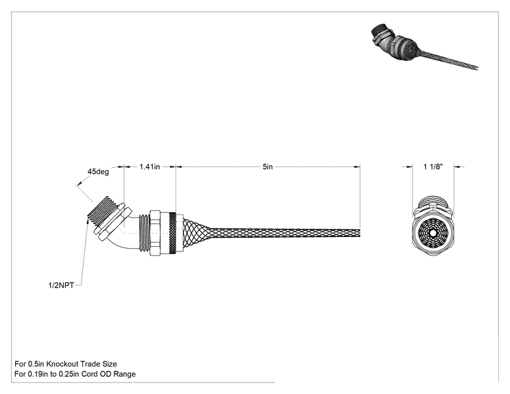 Teknik Çizim - 45 Derece Dirsek Sure-Grip Dalgıç Kablo Tutucu, Alüminyum, 0.19" ila 0.25" Kordon Dış Çapı ve 1/2 Delik Açma