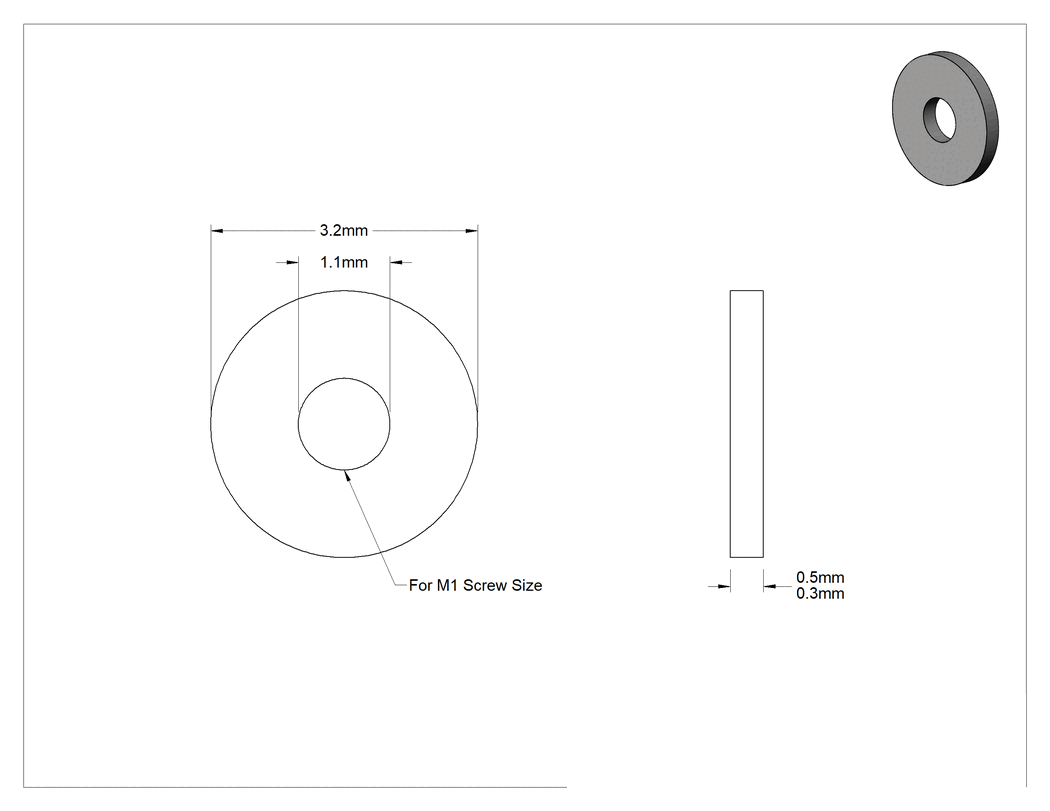 Teknik Çizim - Fiberglas Pul, M1 Vida Boyutu için, 1.1 mm İç Çap, 3.2 mm Dış Çap