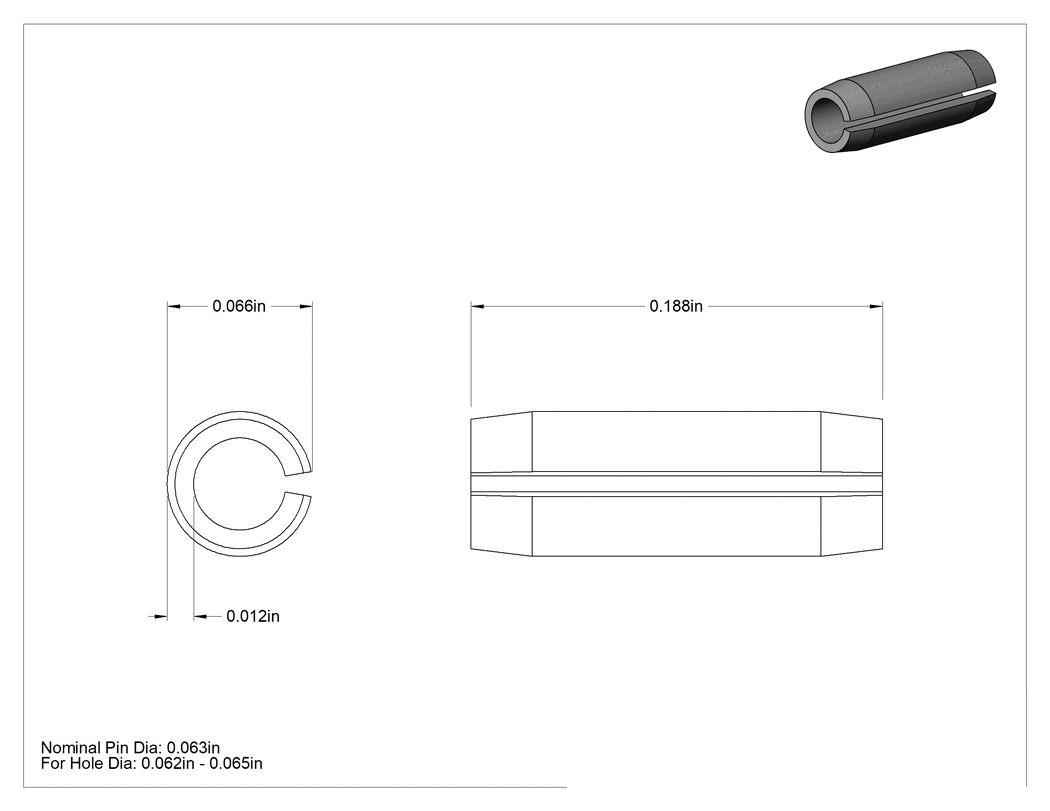 Teknik Çizim - 420 Paslanmaz Çelik Oluklu Yay Pimi, 1/16" Çap, 3/16" Uzunluk