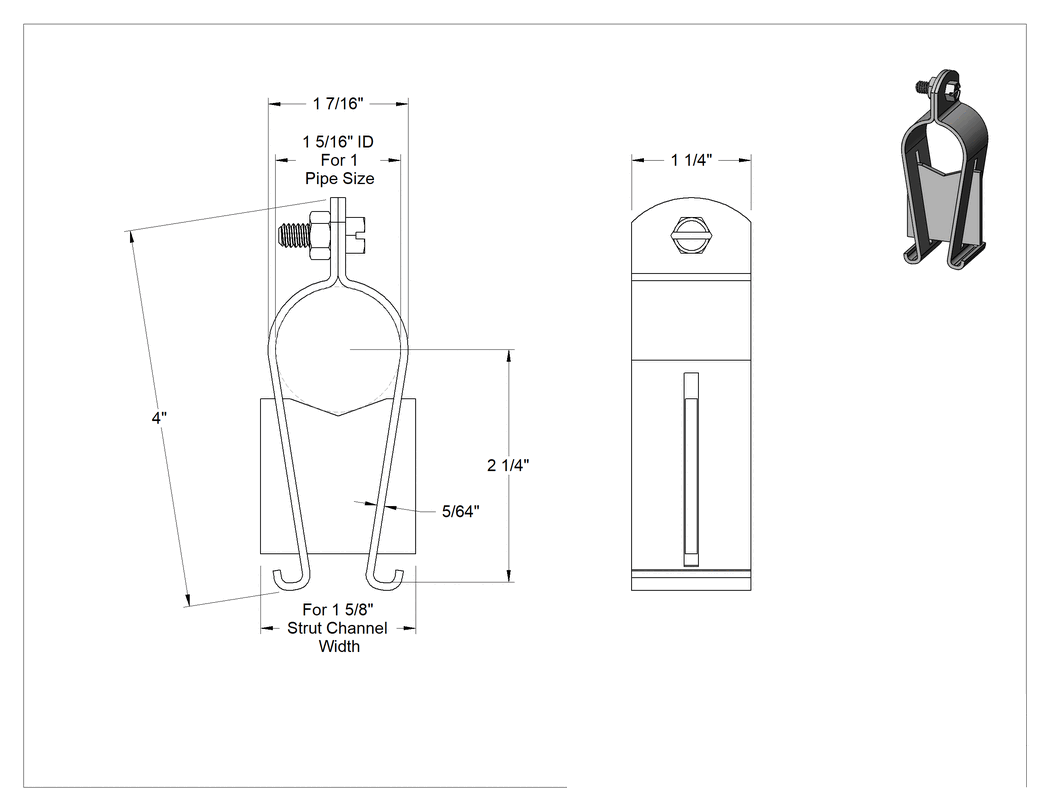 Teknik Çizim - Yükseltilmiş Dikme Montajlı Metal Yönlendirme Kelepçesi, Paralel Montaj, 1-5/16" İç Çap