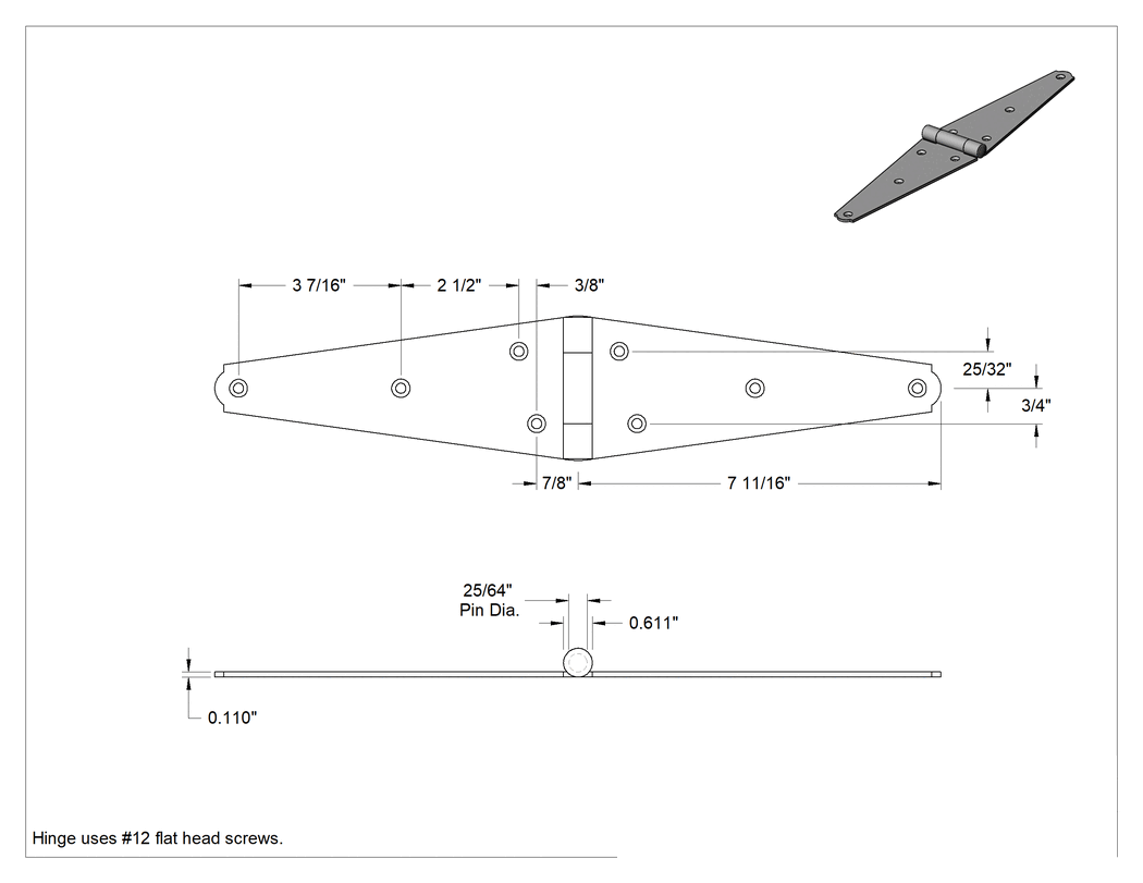 Teknik Çizim - Kayış Menteşesi, Galvanizli Çelik, 3" x 7-11/16" Kapı Kanadı