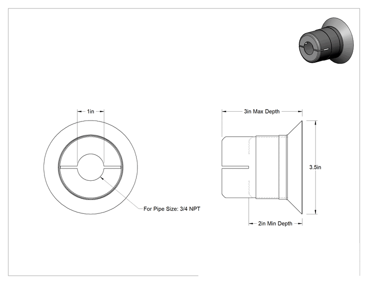 Teknik Çizim - Yangın Sprinkler Başlıkları için Kapak Plakası, Yarık Ayarlı, 3/4 Boru Boyutu için, 2" ila 3" Derinlik